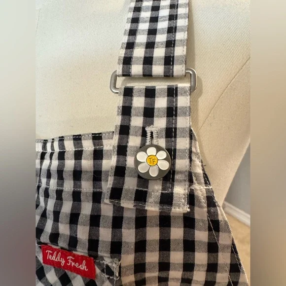 NWOT Teddy Fresh Black & White Playful Gingham Embroidered Floral Overalls - Picture 14 of 16